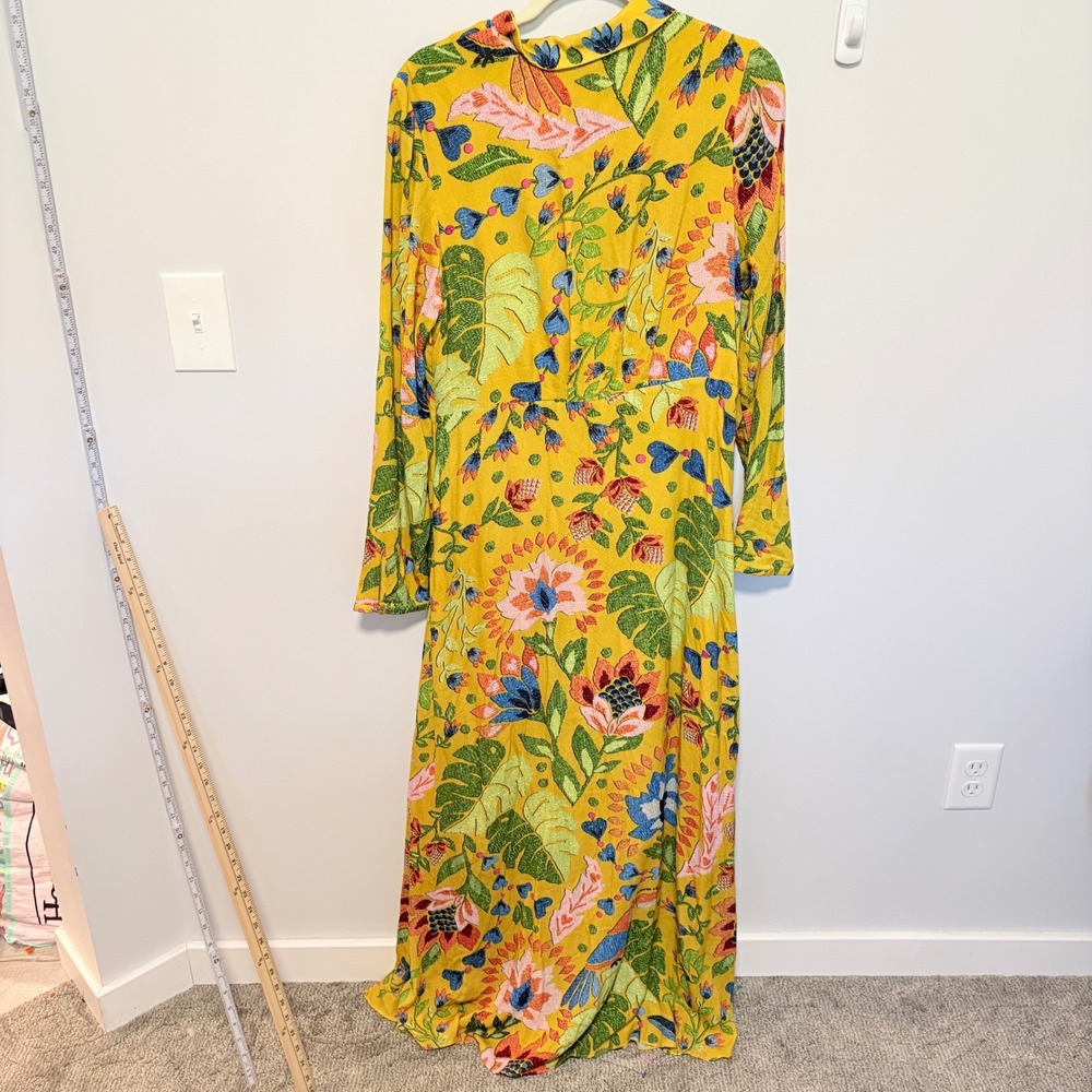 Farm Rio Tropical Floral V-NeMaxi Dress Womens Yellow Large V-Neck - Picture 10 of 12
